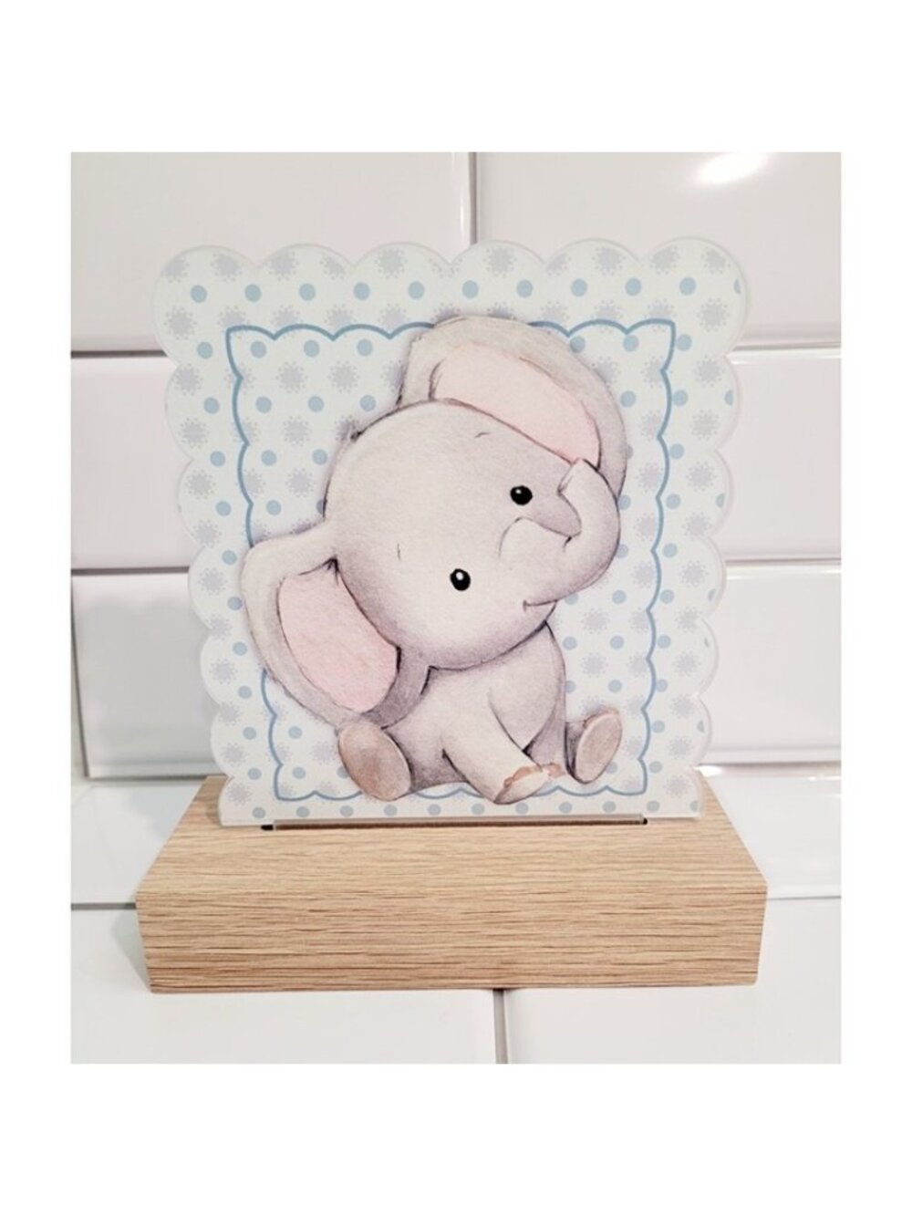 Gray Baby Elephant Night Light Nusery Blue White Wood Gift